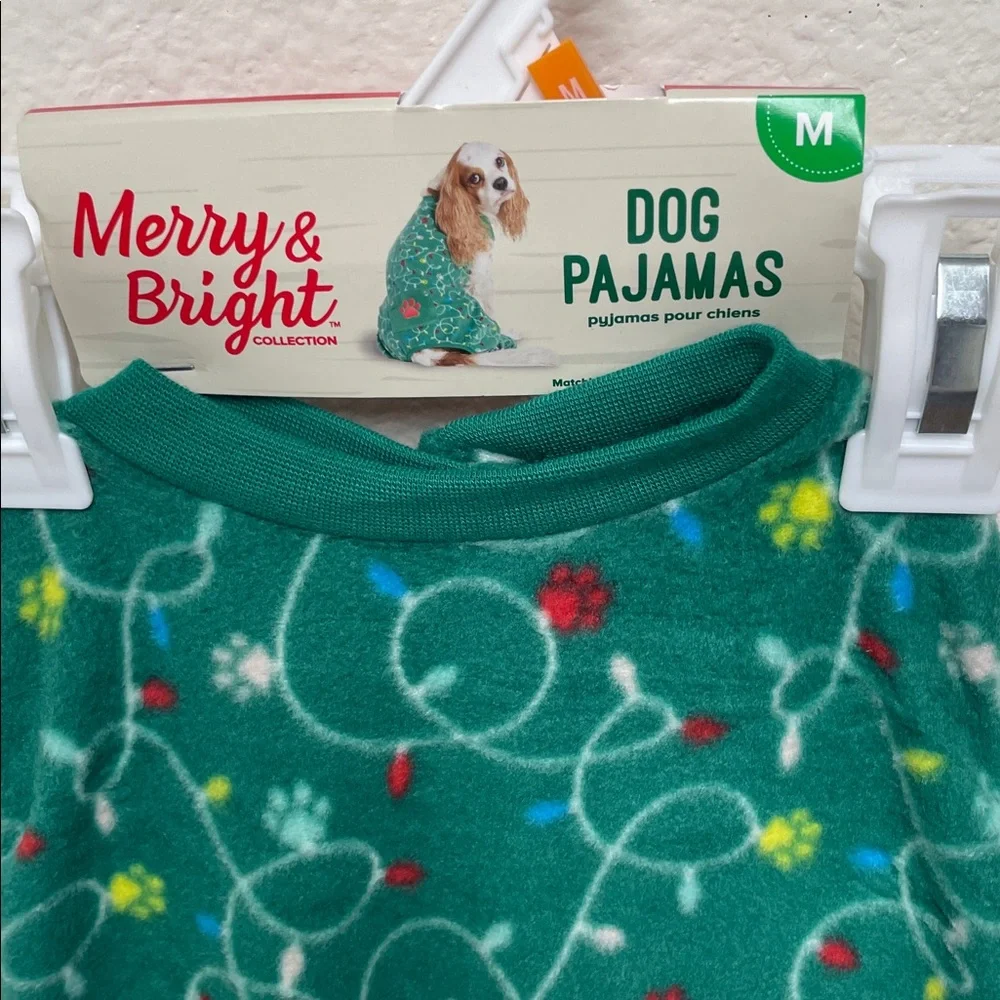 Merry & Bright Medium Dog Fleece Green PJ’s Pajamas with Paw Prints